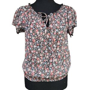 Poetry Floral Women's Sheer Blouson, Floral Print w/ Smocking Bottom Hem, Size S